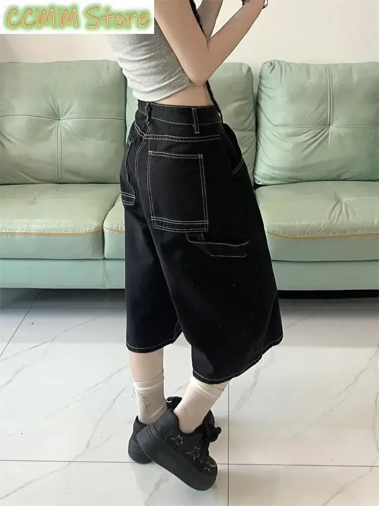 Summer Tyle Women's Black Regular Cropped Jeans Cool Girl Wide Leg Denim Shorts Female High Waist Loose Retro Capris Pants