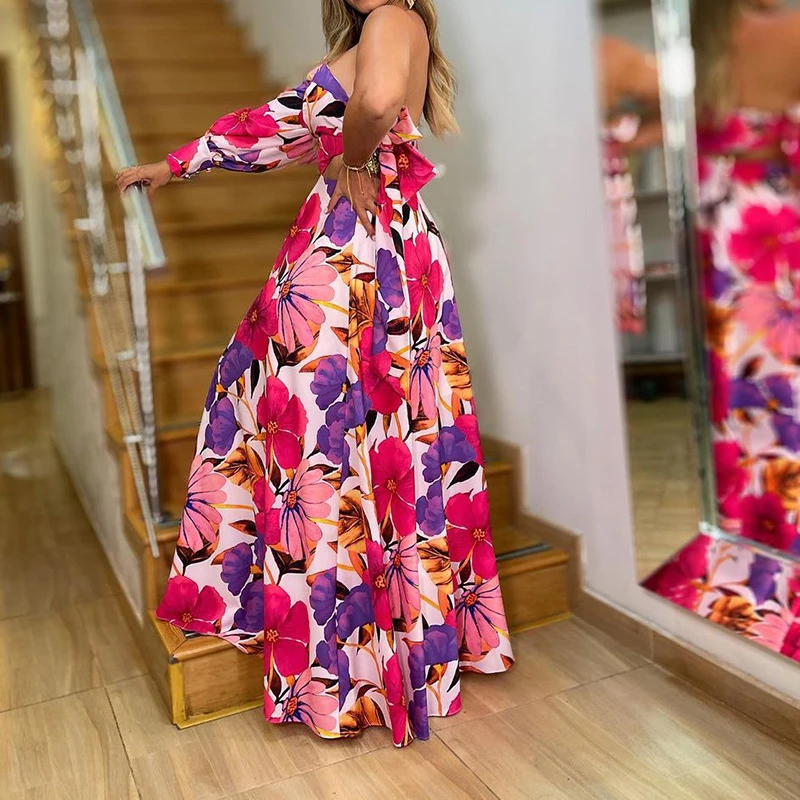 Seksowna sukienka maxi z odkrytymi ramionami, w kwiatowy wzór, elegancka sukienka świąteczna z wysoką talią i wycięciami, modna asymetryczna sukienka boho na imprezę, sznurowana.