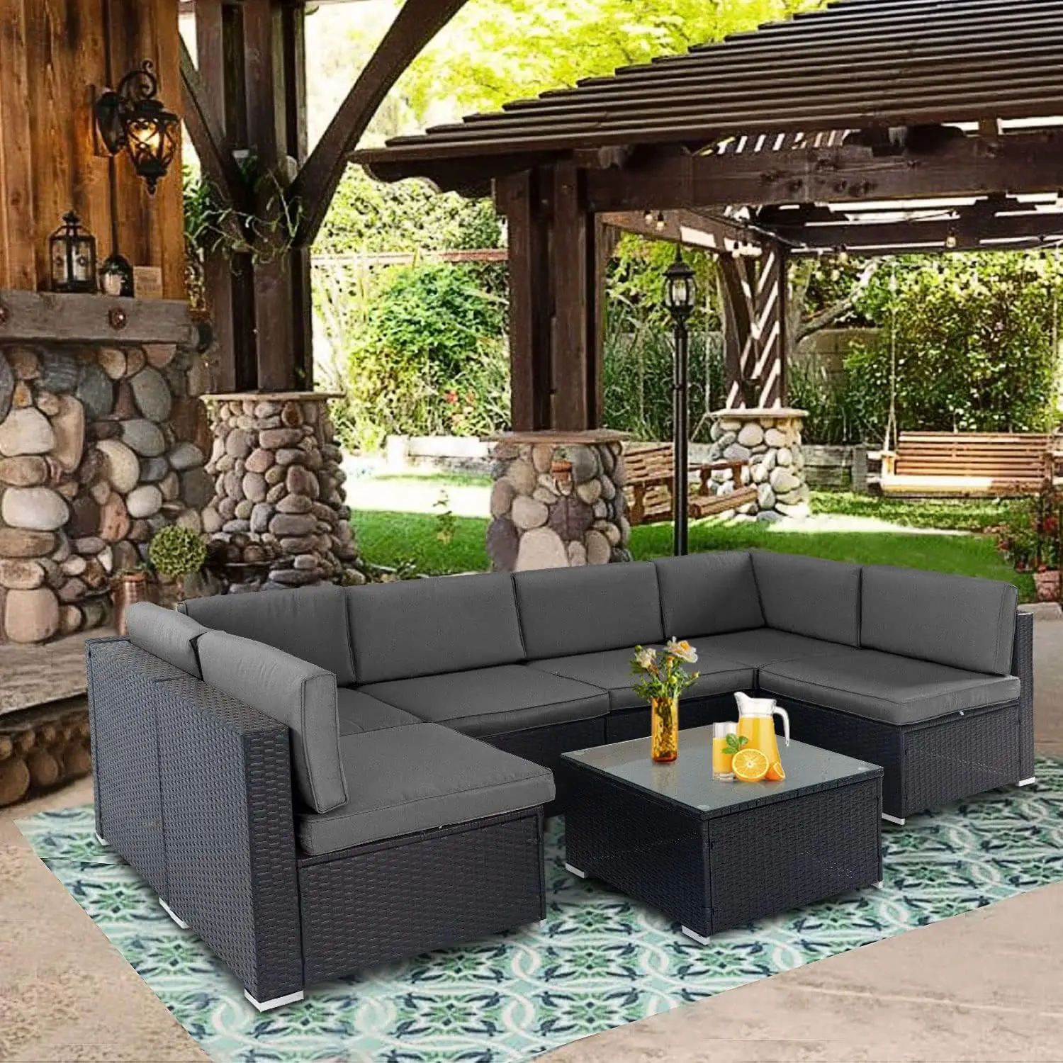 Outdoor Patio Sofa, All Weather Black Brown Wicker Sectional Furniture, Conversation Set with Washable