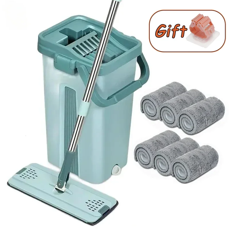 Flat Squeeze Mop with Bucket Hand Free Wringing Floor Cleaning Mop Microfiber Mop Pads Wet or Dry Usage on Hardwood Laminate