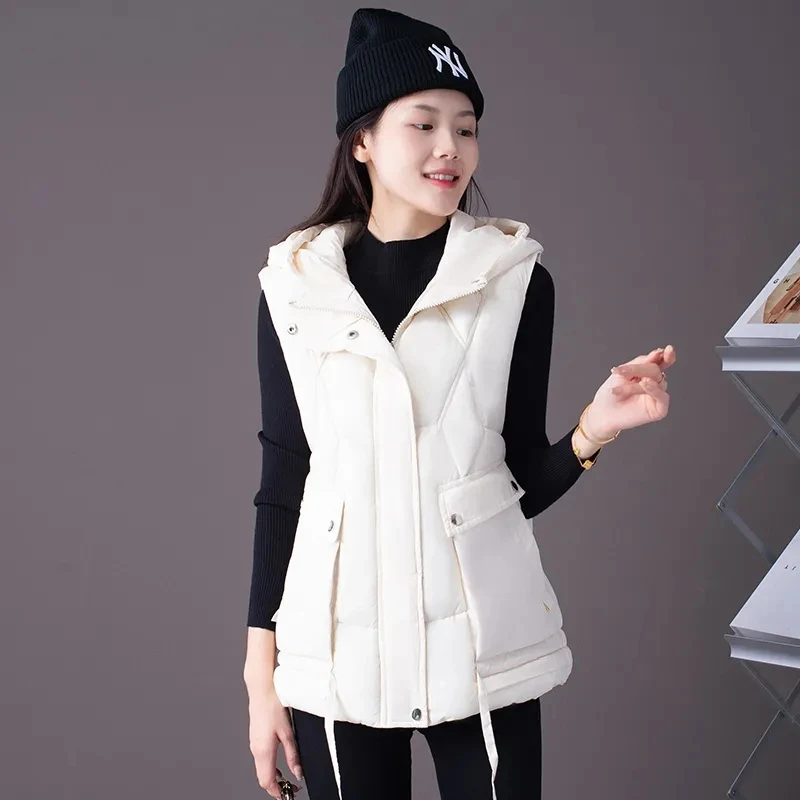 2024 New Autumn Winter Women Puffer Parkas Vest Fashion Warm Black Hooded Down Coat Parka Ladies Sleeveless Waistcoats