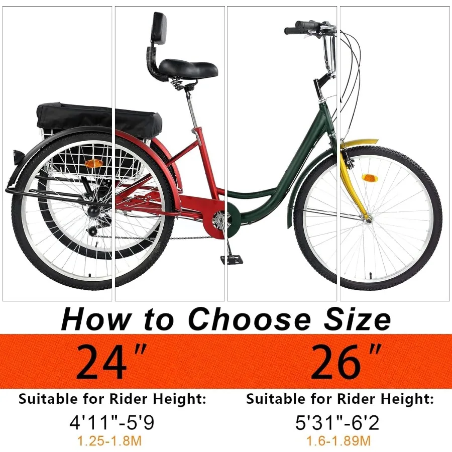 24 26 دراجة ثلاثية العجلات للكبار 7 سرعات 3 عجلات دراجات جبلية ثلاثية العجلات مع سلة مسند الظهر مقعد لكبار السن والنساء والرجال متعددة #2