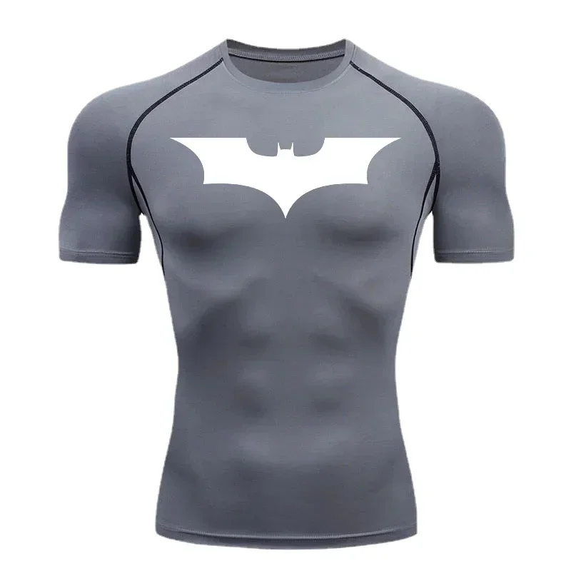 Summer Men\'s Tight Compression T-Shirt, Bat Gym Shirts, Athletic Tee, Quick Dry Tops, Sports Fitness Homme, Running Short Sleeve