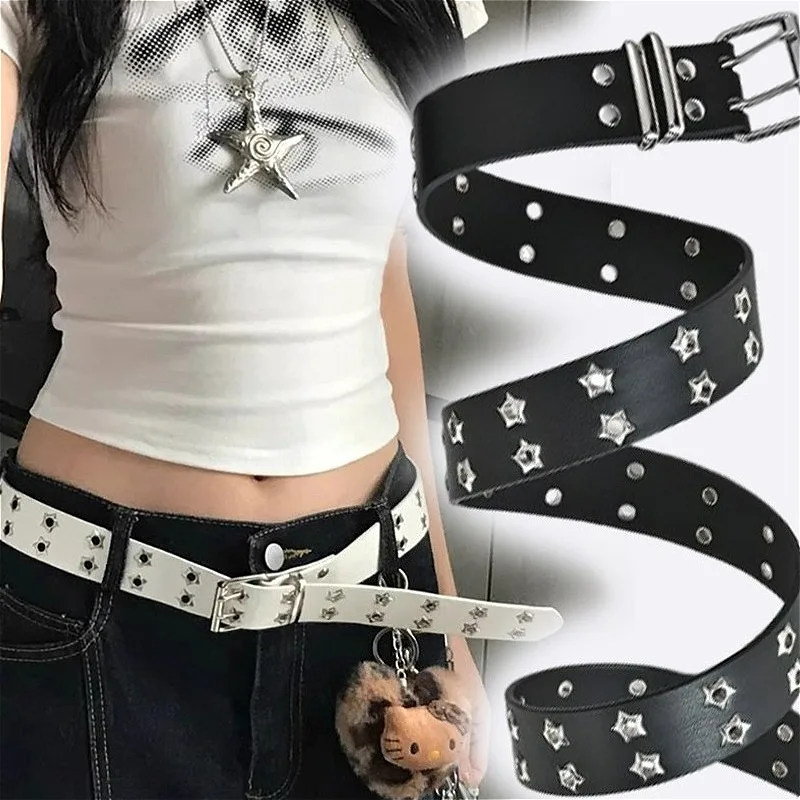 

Модный мужской и женский поясной ремень Y2K, кожаные ремни с заклепками в стиле панк, белый поясной ремень, двухрядные полые джинсы, юбка, украшения, аксессуары