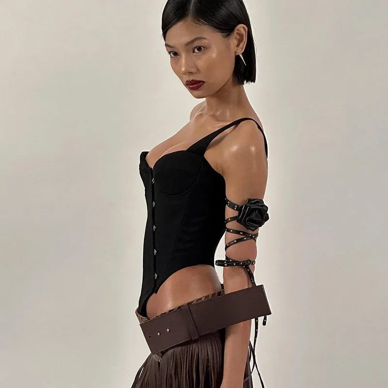 Fashion Women Buckle Irregular Crop Tops One Shoulder Strap Corset Tops Slim Waist  Low-cut Tanks Camis Bralette Bustiers New