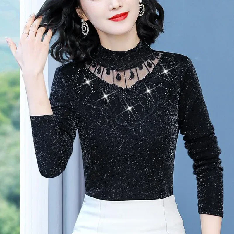 

2023 NEW Autumn Lace Underlay Fashion High Neck Trendy Diamonds Brilliant Silk Classic Commuter Long Sleeve Versatile Shirt