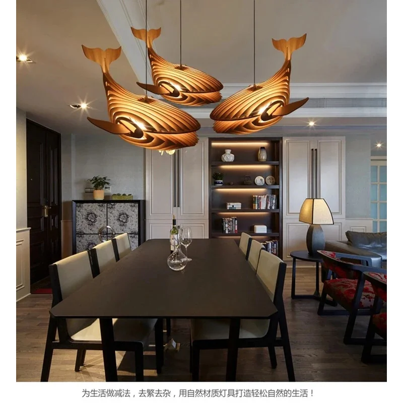 Big Wooden Fish Pendant Lamp E27 Wood Whale Hanging Light Chanderlier  Fish Light For Kids Room Japanese Sushi Bar Lighting