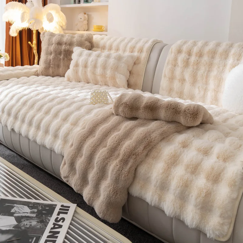 Rabbit fur plush sofa cushion, thickened non-slip luxury seat pad, trendy minimalist sofa cover blanket