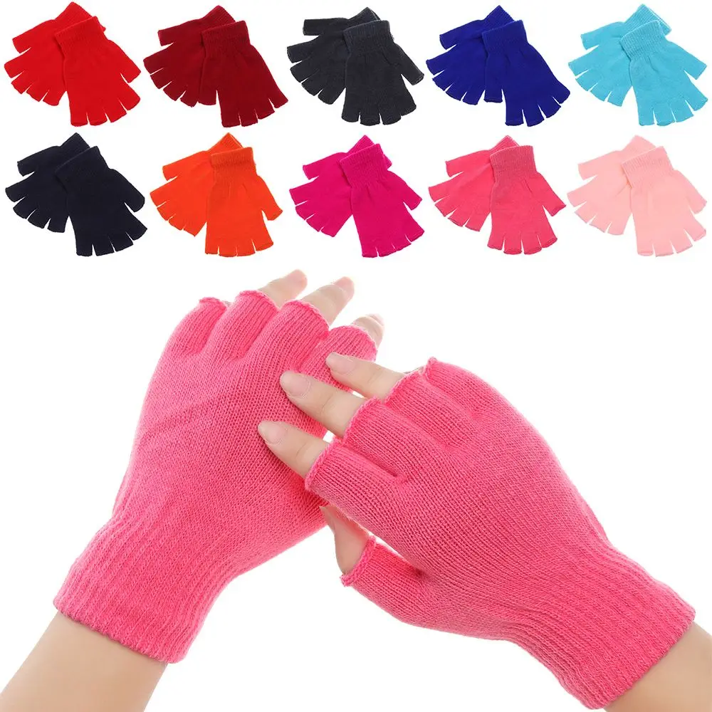 Women Men Soft Candy Color Thick Warm Half Finger Mittens Short Knitted Gloves