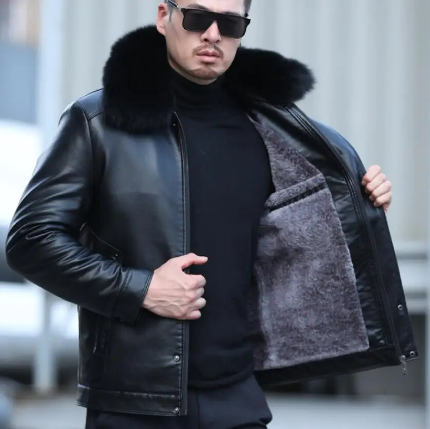 Autumn Winter New Men's Fur Coat Genuine Leather Coat Warm Casual Sheepskin Turn-down Collar Jacket