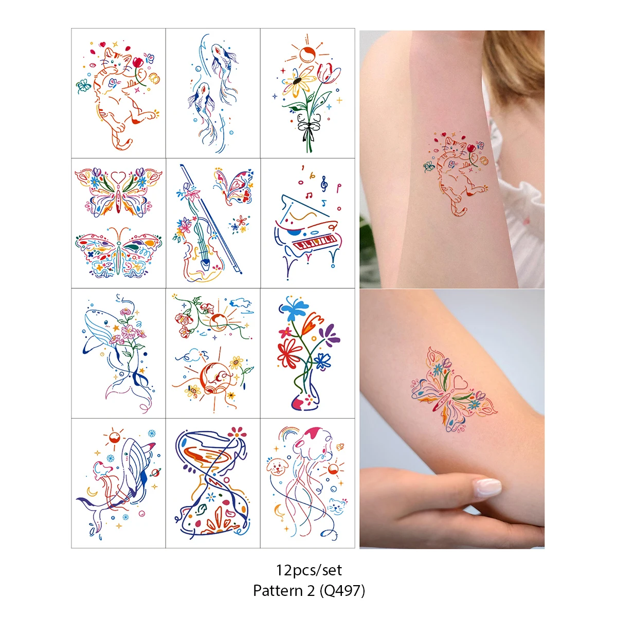 Autocollants de Tatouage Colorés à Motif de Fleurs et d'Animaux, 12 Pièces, Imperméables, Durables, Mignons, pour Bol, Art Corporel