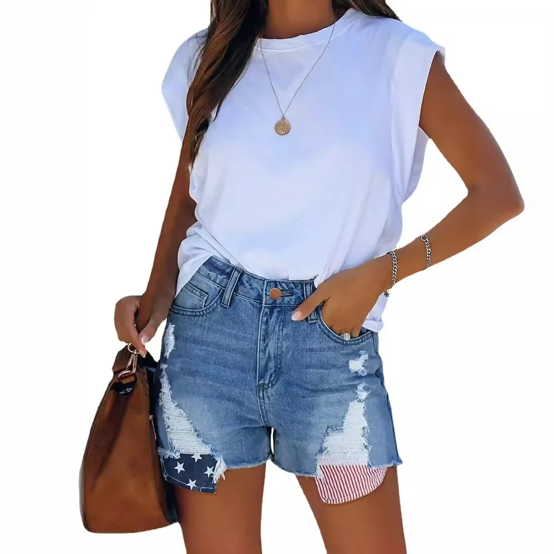 Shorts Denim Washed Women Jean Ripped Print High Waist Hole Spliced Slim Fit Distressed Jeans 2025 Casual Pockets Summer - Image 5