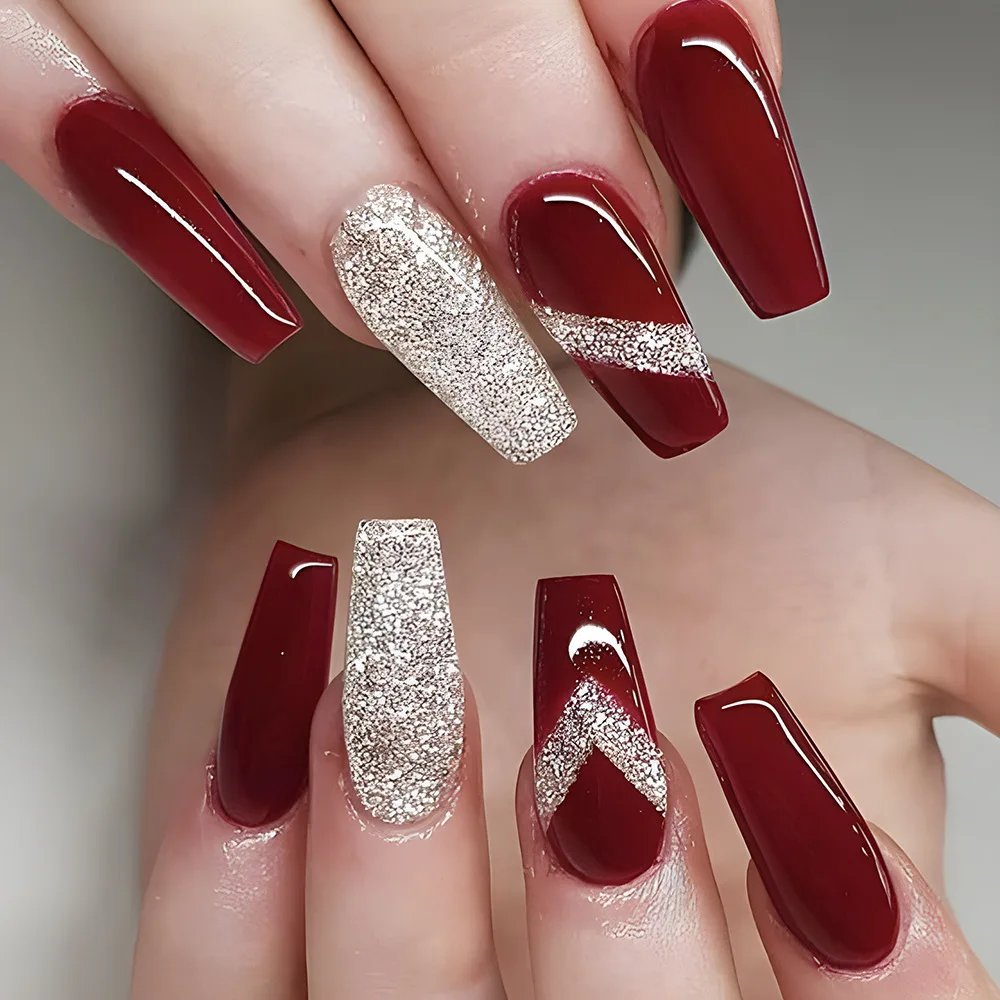 2026 New Simple New Year Festive Glitter Ballet Nail Art, Wine Red for a Brightening and Elegant Look, Nail Stickers