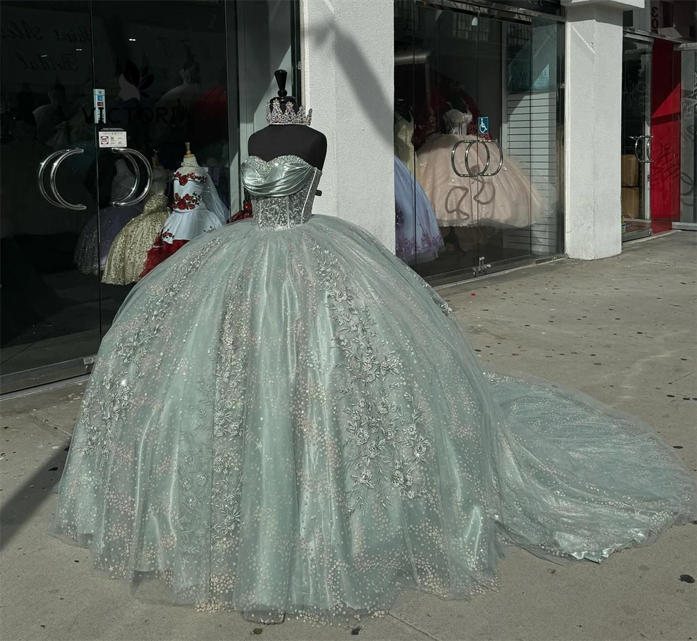 Vestido de quinceañera con apliques de encaje verde salvia, vestido de baile de corazón, vestido de princesa mexicana dulce dieciséis, vestidos de boda