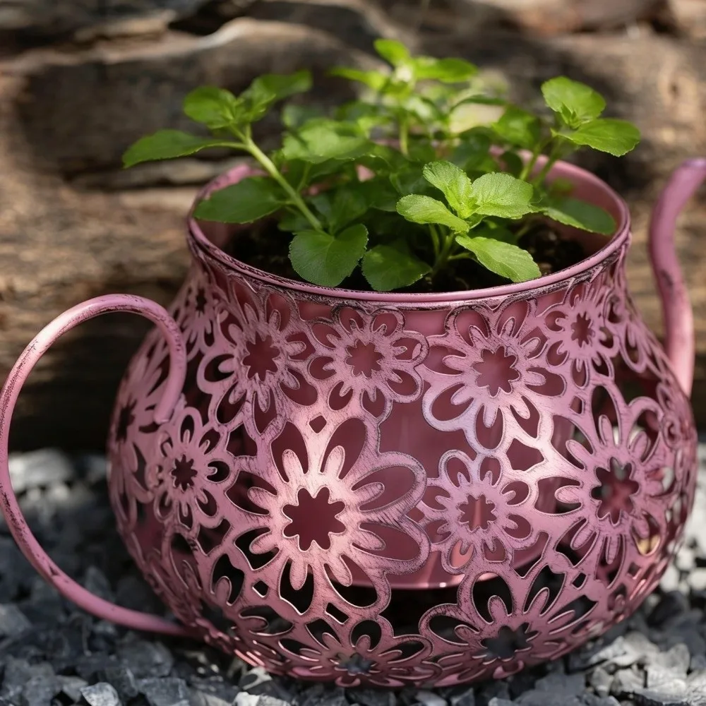 Practical Retro Hollow Teapot Flowerpot Wrought Iron Double Layer Flower Pot Floral Cutout Iron Teacup Planter Living Room