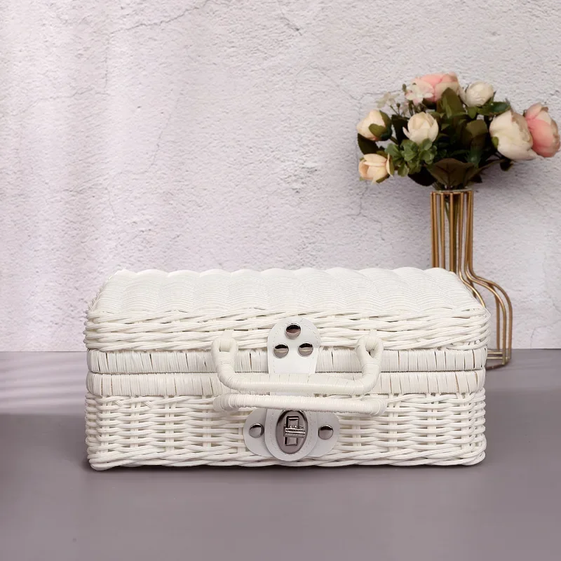 Portable PP Rattan Baskets Picnic Storage Basket Retro Wicker Suitcase Woven Hand Gift Box Sundries Cosmetic Organizer Boxs