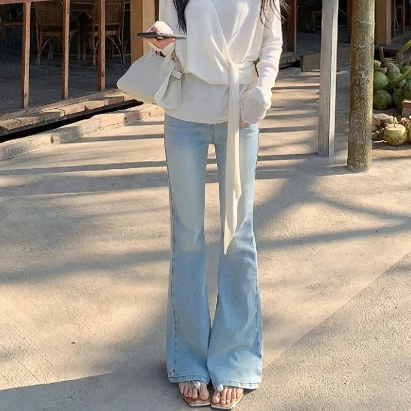 

High Waist Bell Bottom Denim Jeans Women's Slim Fit Washed Blue American Style Spring 2026 New Fashion Sexy Lady Pants