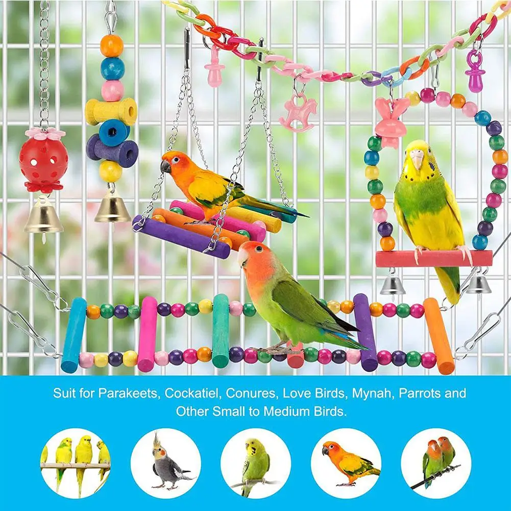 

Bird Cage Toys For Parrots Wood Birds Swing Reliable Chewable Bite Bridge Wooden Beads Shape Parrot Toy 11pcs Bird Toys D6J5