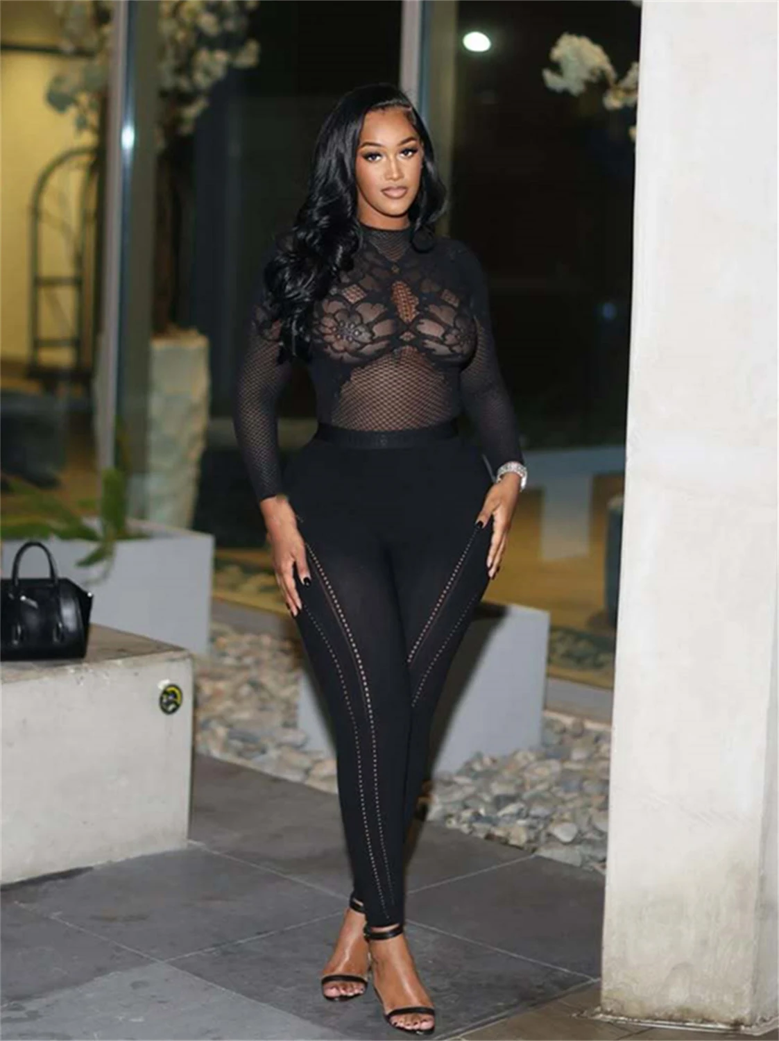 

Комплект из 2 предметов Sisterlinda: Прозрачный женский сексуальный кроп-топ с длинными рукавами из жаккардовой сетки + брюки с принтом, эластичные, для клуба и уличной моды