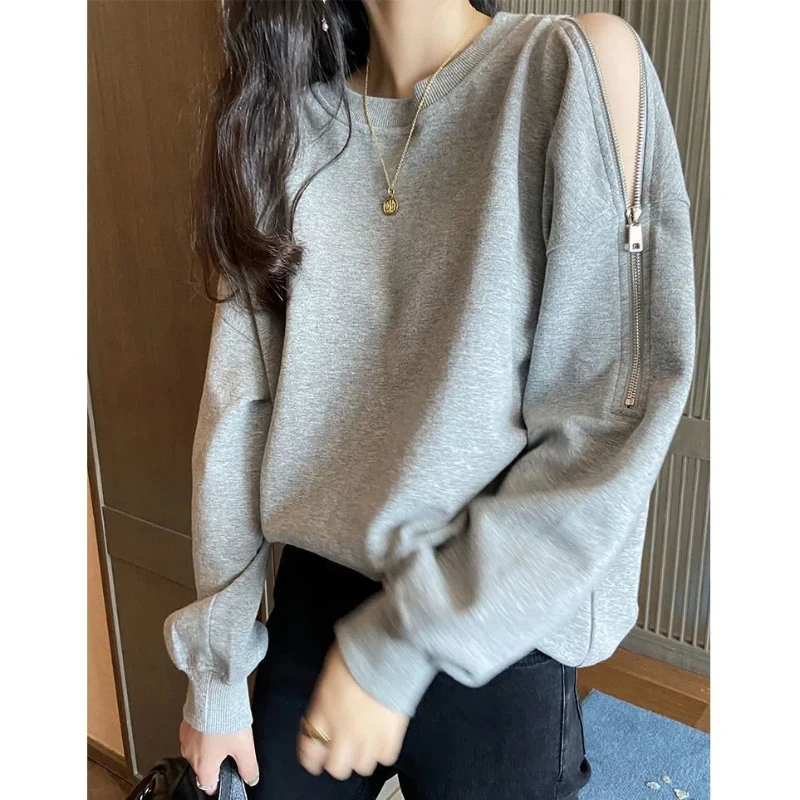 Vintage Zipper Off Shoulder Loose Hoodies Spring Autumn Long Sleeve Solid Hollow Out Trend Tops Casual Fashion Women Clothing