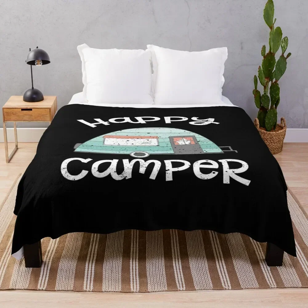 Happy Camper Retro Trailer RV Caravan Camping Throw Blanket Shaggy Tourist for winter Kid'S Blankets