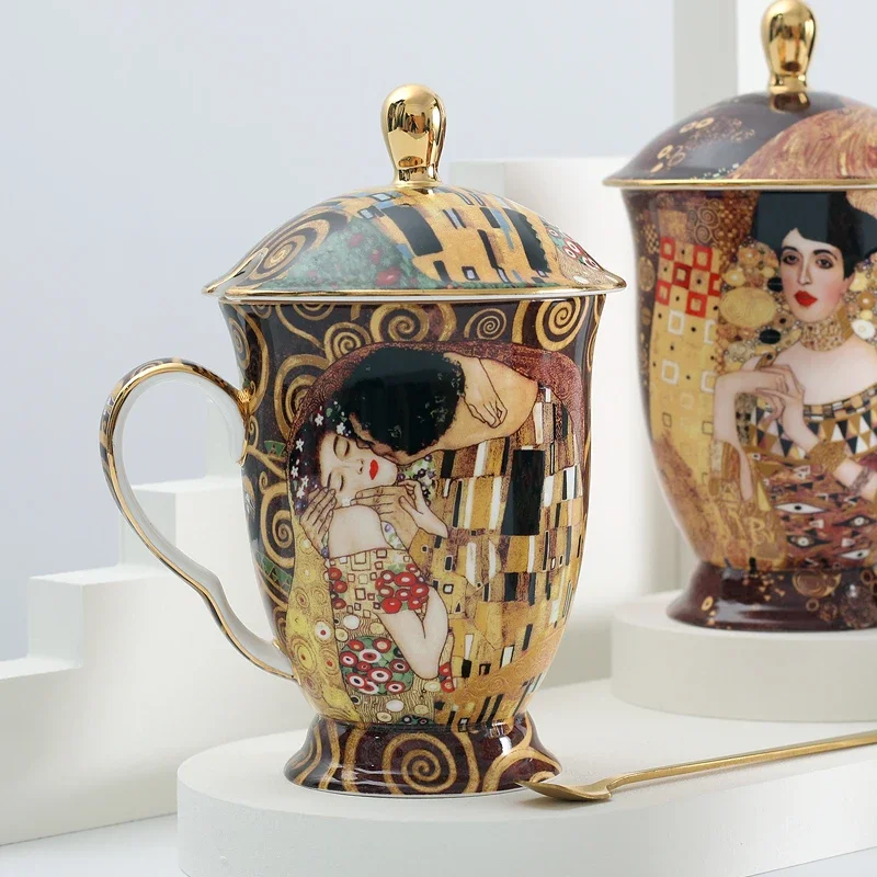 Bone China Coffee Mug with lid and spoon Antient Klimt painting Porcelain Tea cups with lid Wedding Birthday Gift