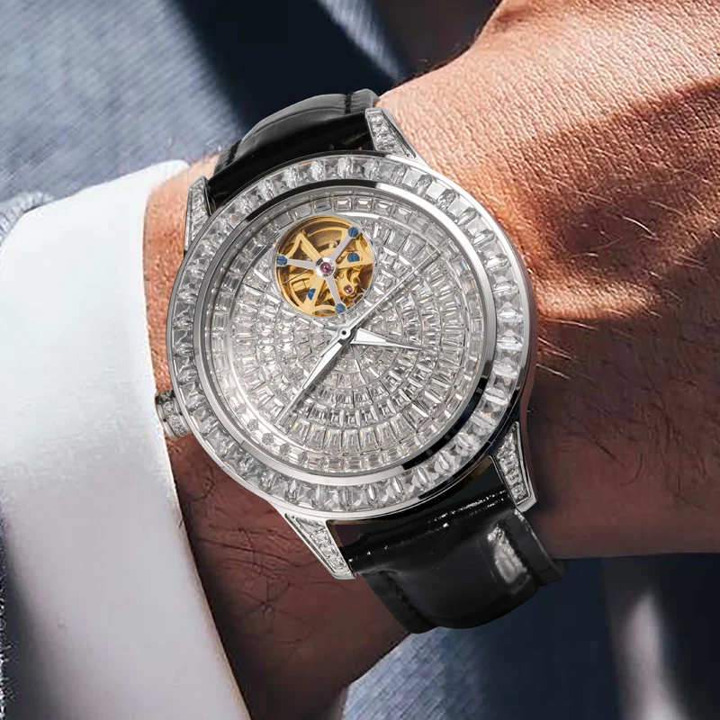 2024 Nieuwe Haemmer Jacob Diamond Face Tourbillon Mechanisch Herenhorloge Heren Echt Leer Lichtgevend Waterdicht Mechanisch W