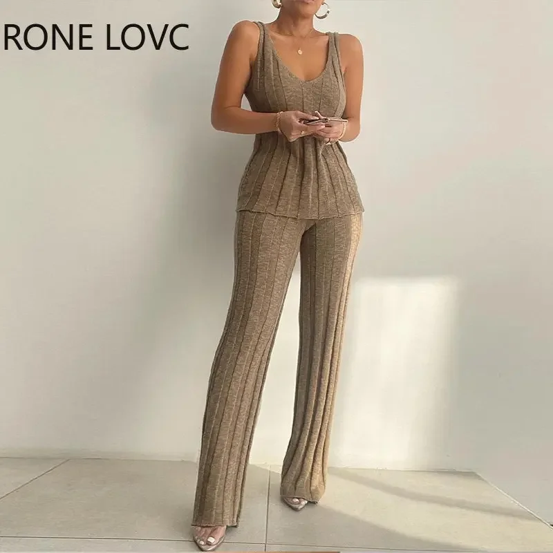 

Women Casual Sexy Solid Sleeveless V Neckknitting Full-length Pants Sets