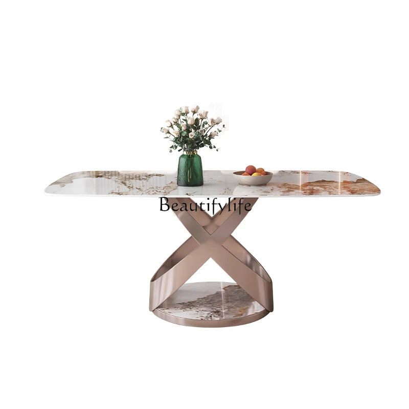 

Italian light luxury rock slab dining table modern simple household rectangle