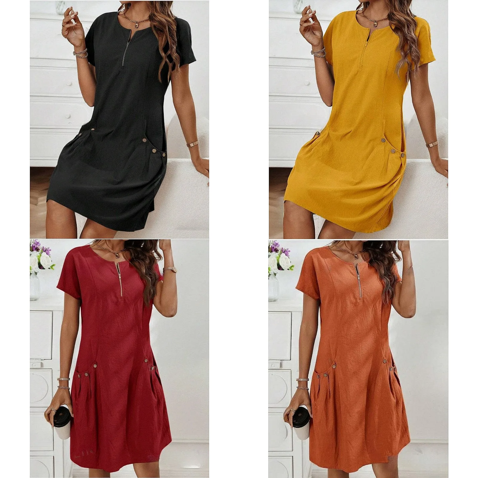 

2025 New Spring Summer Short Sleeve Dress with Pocket Zipper Collar Dresses Casual Women Loose Jumpsuit Playsuit