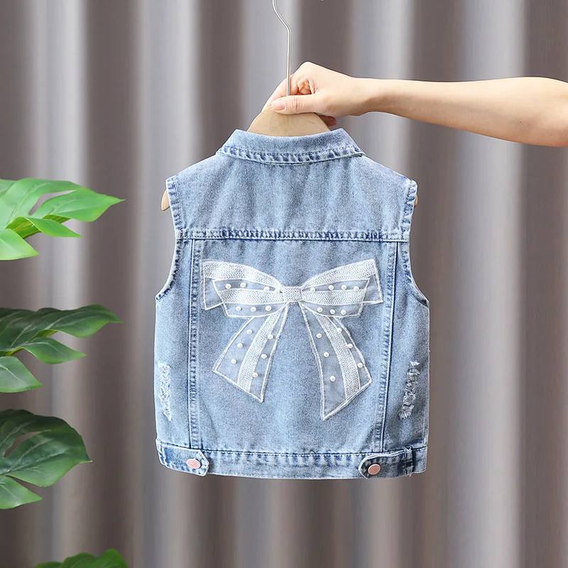 Fashion Lace Bow Vest Girl Denim Vest Light Blue Jeans Jacket Autumn Sleeveless Loose Short Coat Causal Waistcoats