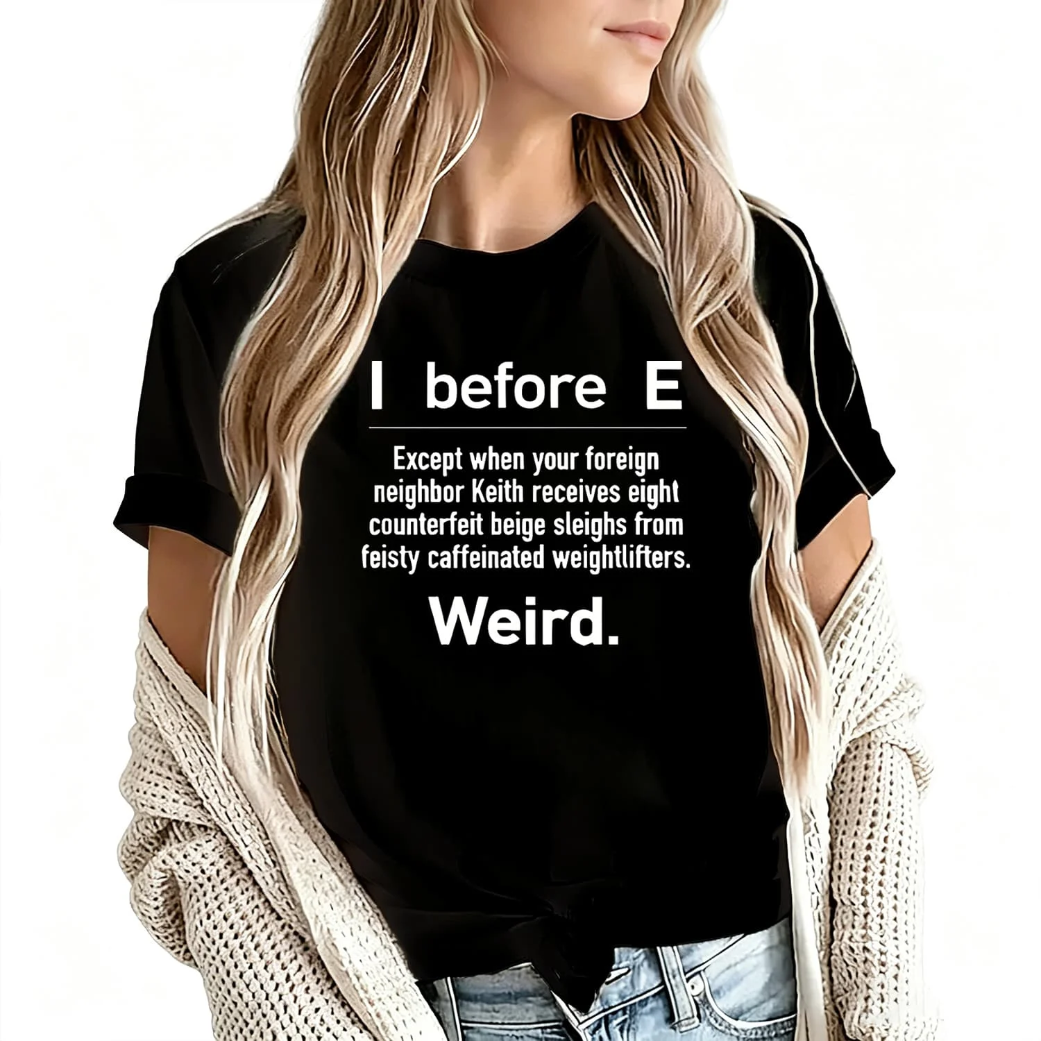I before E Women's T-Shirt 100% Cotton Funny Graphic Short Sleeve Tee Novelty Shirt Casual Crew Neck Top S-5Xl