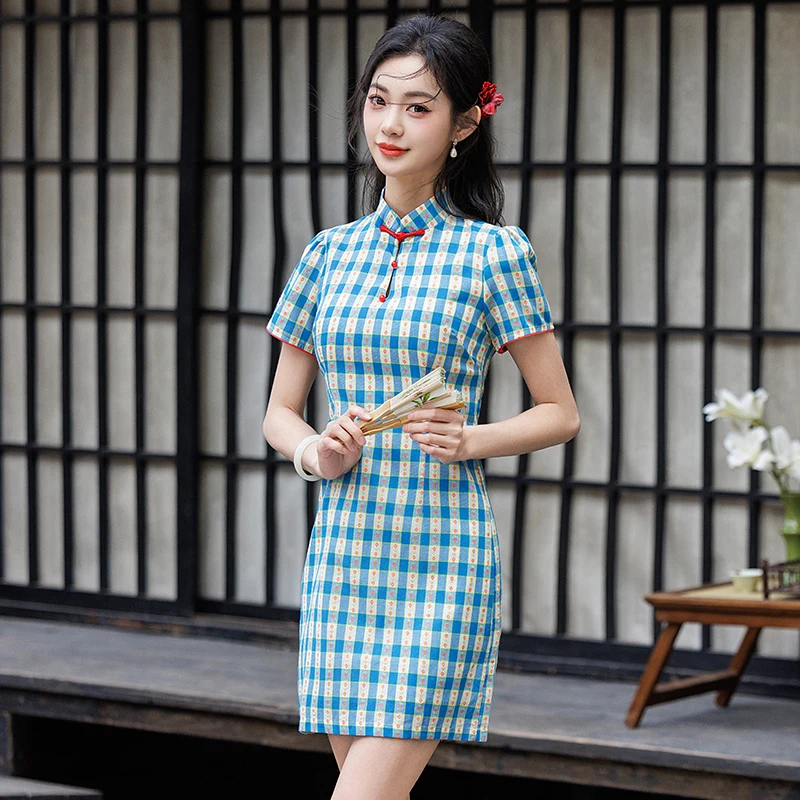 

Light Blue Plaid Mini Cheongsam Dress, Vintage Modified Qipao, Summer Slim Fit New Chinese Style Casual