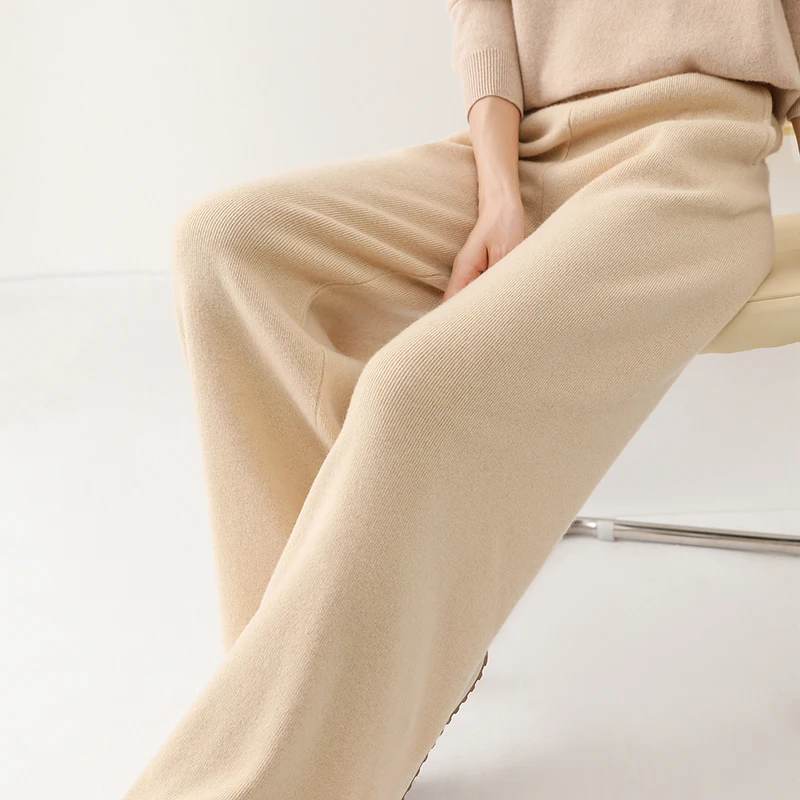 Women Pant 100% Merino Wool Knitting Wide Leg Pants Autumn Winter Solid Color Soft Warm Trousers for female YP01