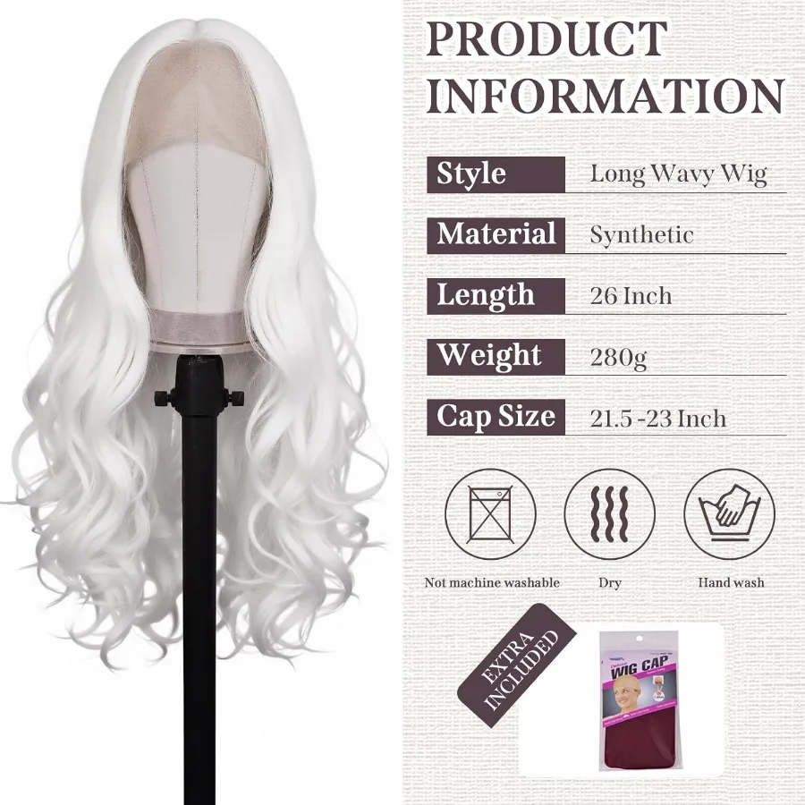 Wig sintetis lace front putih bergelombang panjang 26 inci dengan HD TPart untuk wanita, tampak alami seperti rambut manusia, desain belahan tengah, sudah dirapikan.