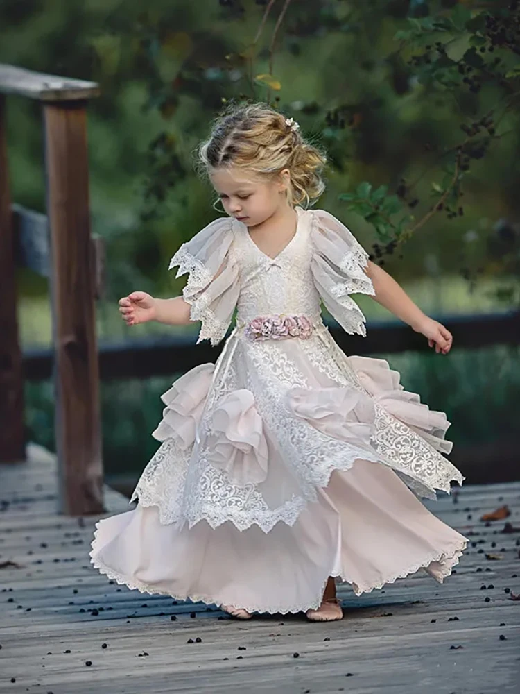 Vestido de flores de manga corta para niña, traje escalonado de encaje para boda, fiesta de primera comunión, graduación, vestidos para niñas