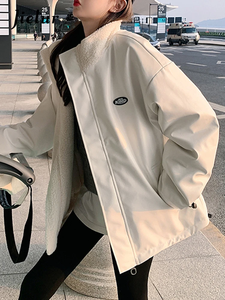 

Jielur New PU Contrasting Parka Woman Winter Casual Loose Outerwear Parkas Women White Green Black Simple Chic Women's Coat