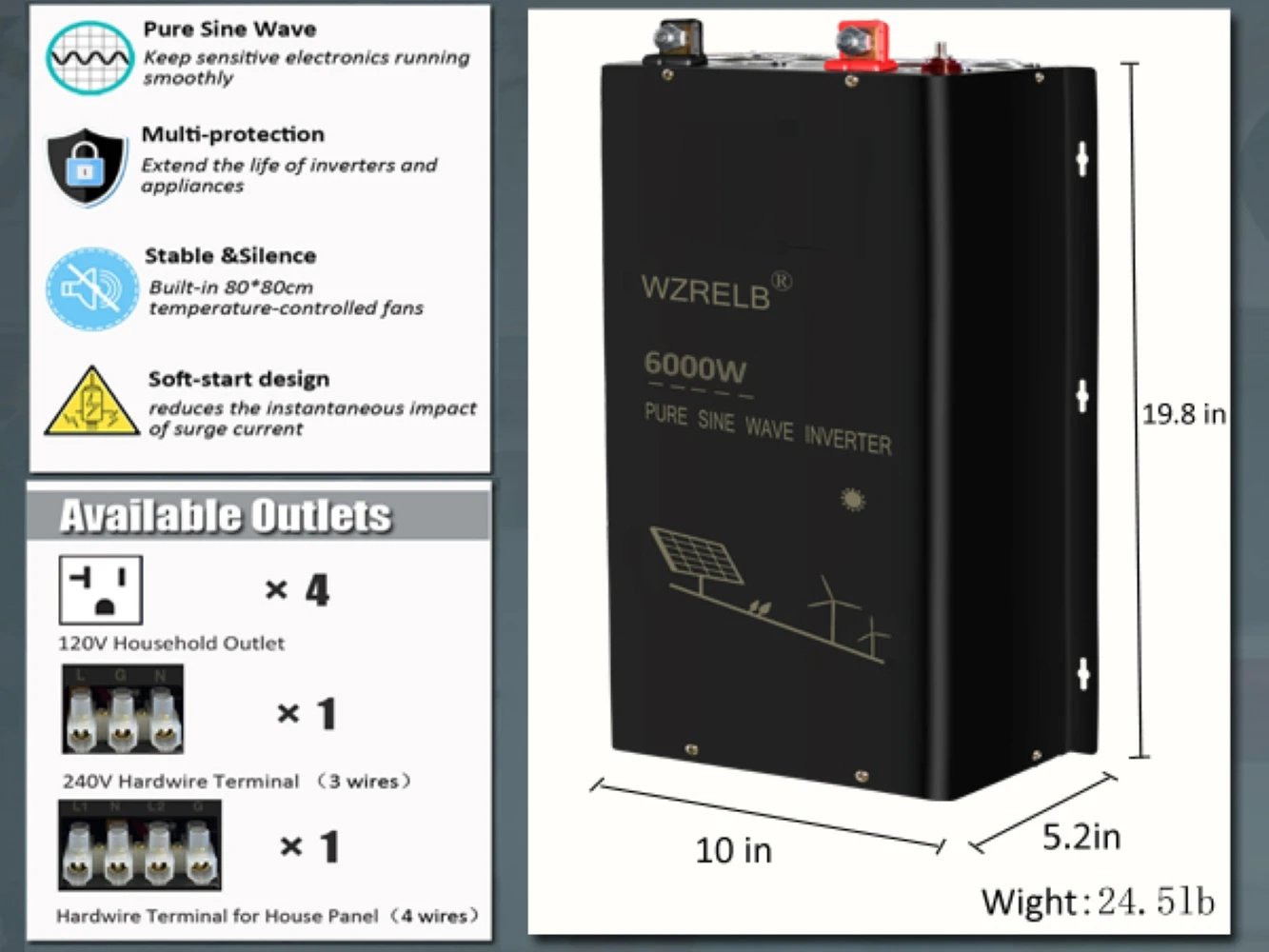 

Инвертор с чистой синусоидой 6000 Вт для автономных систем, двухфазный, от солнечных панелей, 24В/36В/48В/72В/96В DC в 110В/220В, 120В/240В, преобразователь напряжения