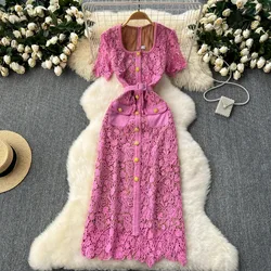 Sexy Bodycon Lace Square Neck Long Sleeve Single Breasted Dress Chic Elegant Vestidos Vintage Autumn Women Fashion Dress
