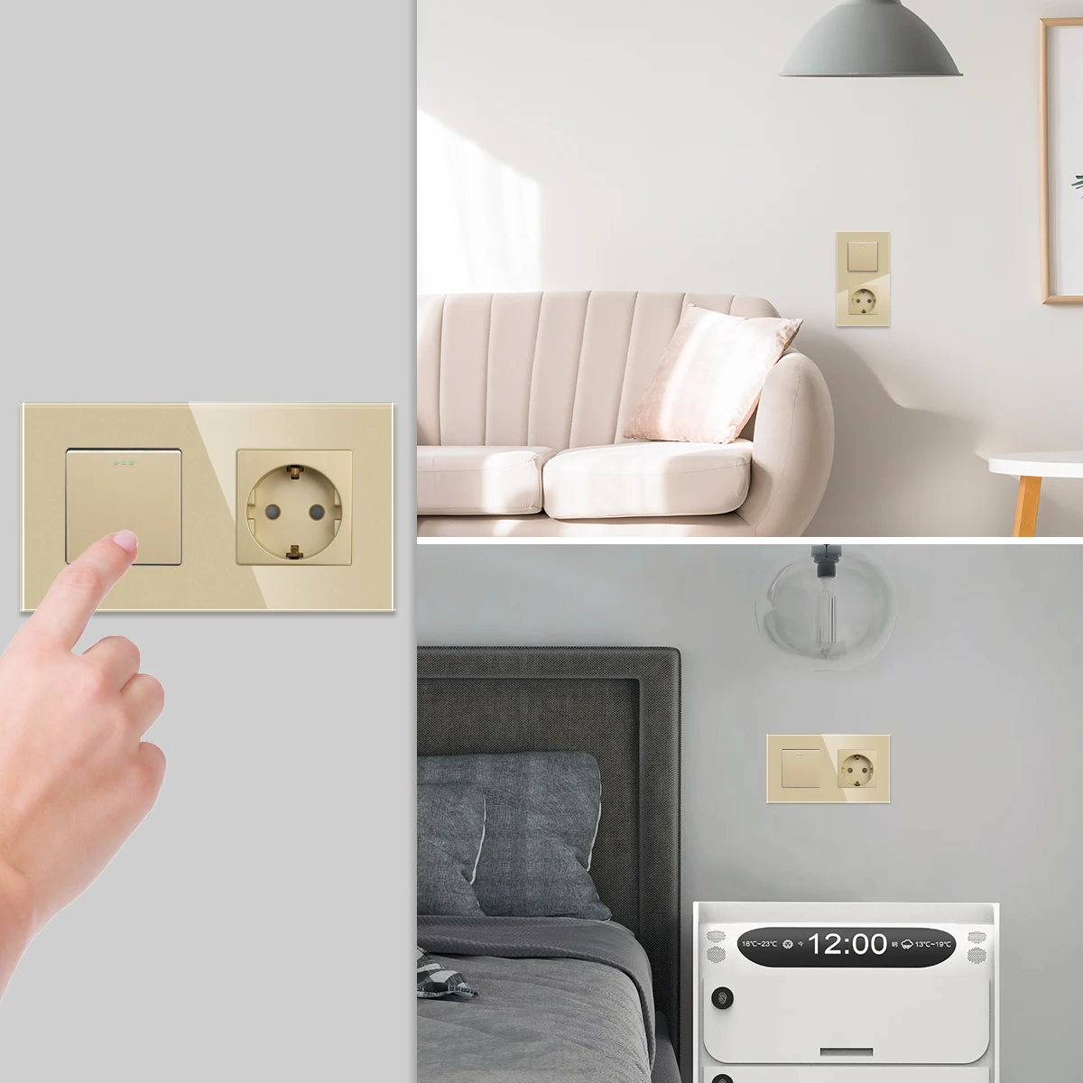 Bingoelec Golden Crystal Glass Panel 1 2 3Gang 1 2 Way Pass Through on / Off Light Switch Stair Wall Switch with EU Socket