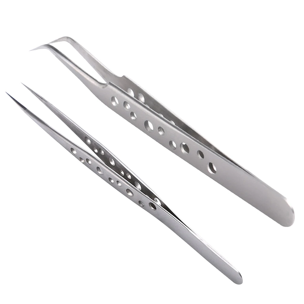 

2Pcs Eyelash Tweezers Premium Steel Nonmagnetic Antistatic Sharp Point Tips Curved Straight Manicure Nail Art Tool Professional