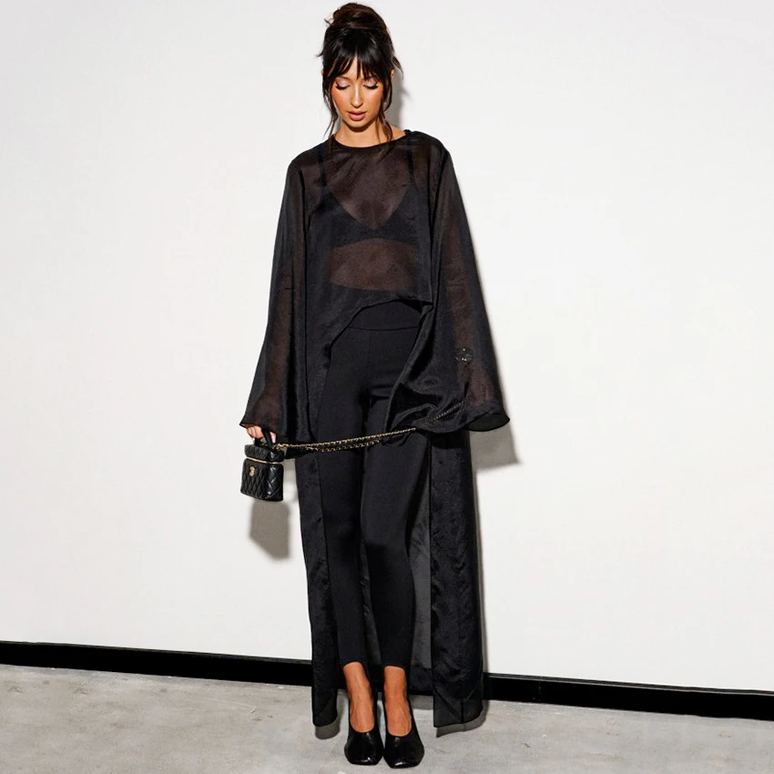 Linad Sexy Sheer Asymmetrische Lange Jurk Vrouw Zwarte Elegante O Hals Flare Mouw Jurken Street Chic Enkellange Jurk 2026