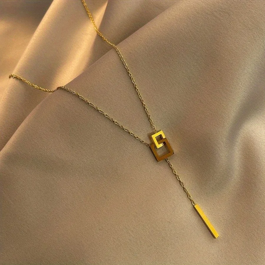 

Simple Style Square Shape Buckle Long Pendant Clavicle Chain Necklace 18K Gold Plated Golden Color Neck Jewelry For Women