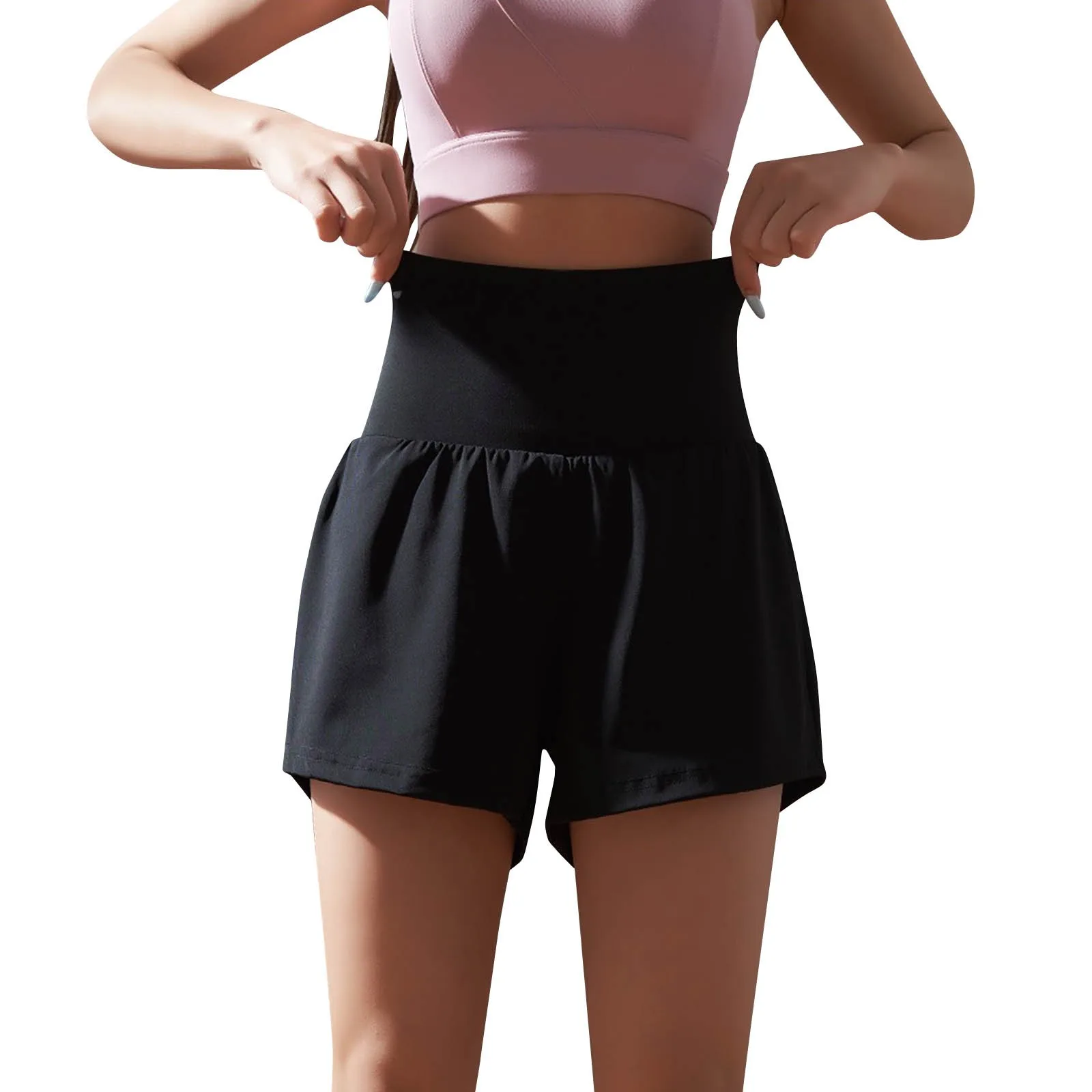 New Summer High Waist Solid Color Tummy-Control Sports Quick-Drying Loose Running Tennis Badminton Yoga Fitness Shorts 2024