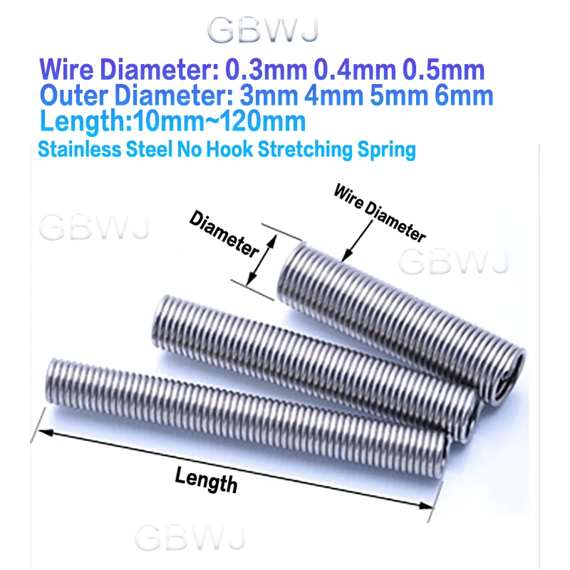 

0.3mm 0.4mm 0.5mm No Hook Tension Spring 304 Stainless Steel No Hook Stretching Spring O D 3mm 4mm 5mm 6mm