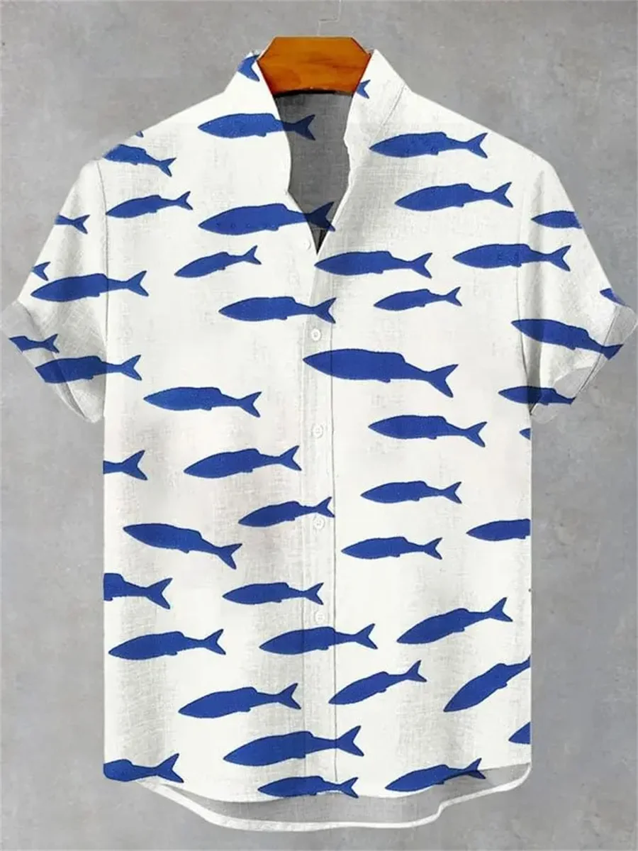 

2025 Men's New Retro Style Fish Pattern Print Men's Casual Linen Comfortable Fabric Short Sleeve Shirt Button Stand Collar Top