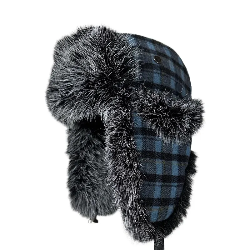 Winter Plaid Trapper Hat for Men Warm Thick Furry Lined Ear Flap Cap