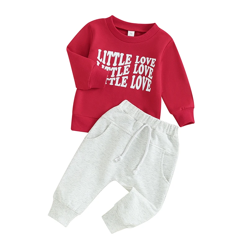 Baby Boys Pants Set Long Sleeve Crew Neck Letters Print Sweatshirt with Elastic Waist Sweatpants Valentine’s Day Outfit