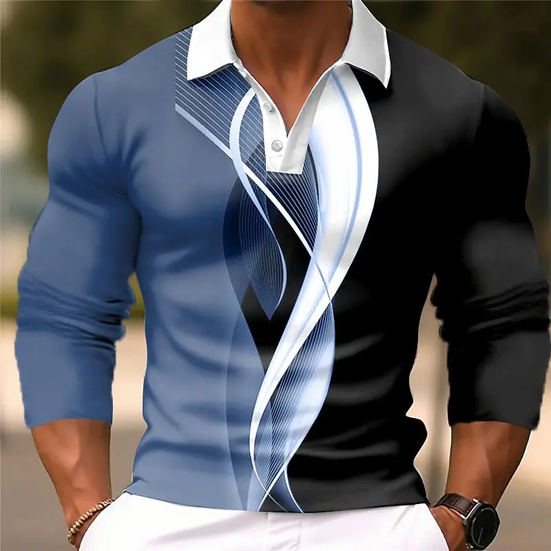 

3D Fashion Stripe Print Men's Polo Shirt Simple Design Long Sleeve Lapel Button Pullover Autumn Outdoor Daily Breathable Clothes