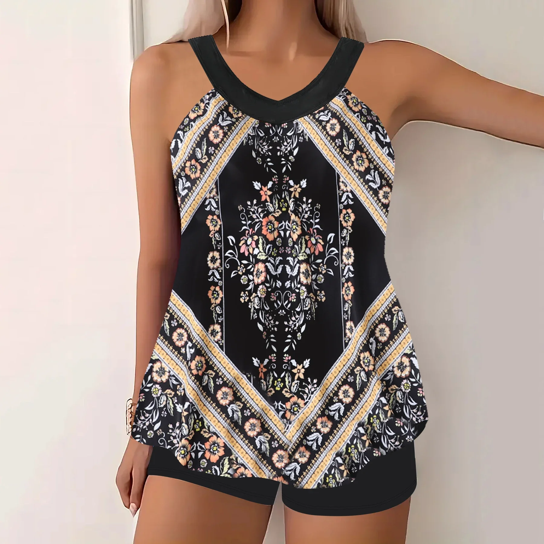 Floral Print Patchwork Black 2 Piece Set Tankini, Round Neck High Waist Stretchy Swimsuits, Women's Summer Bikini Beachwear